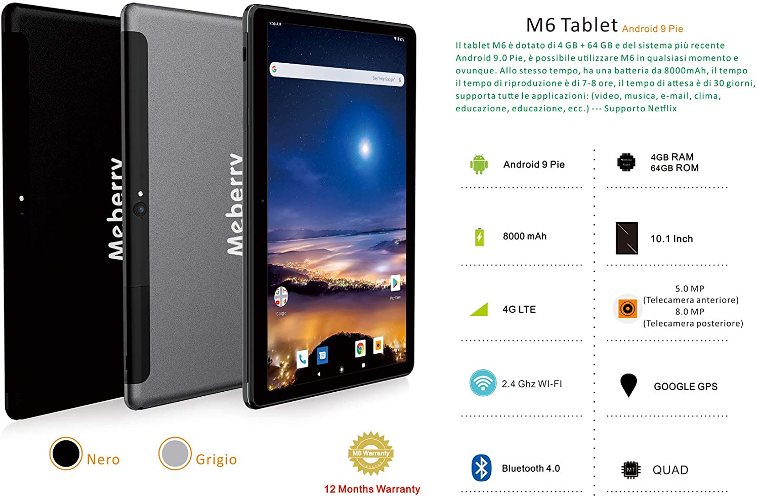 MEBERRY Tablet 10 Pollici Android - Certificato Google GSM