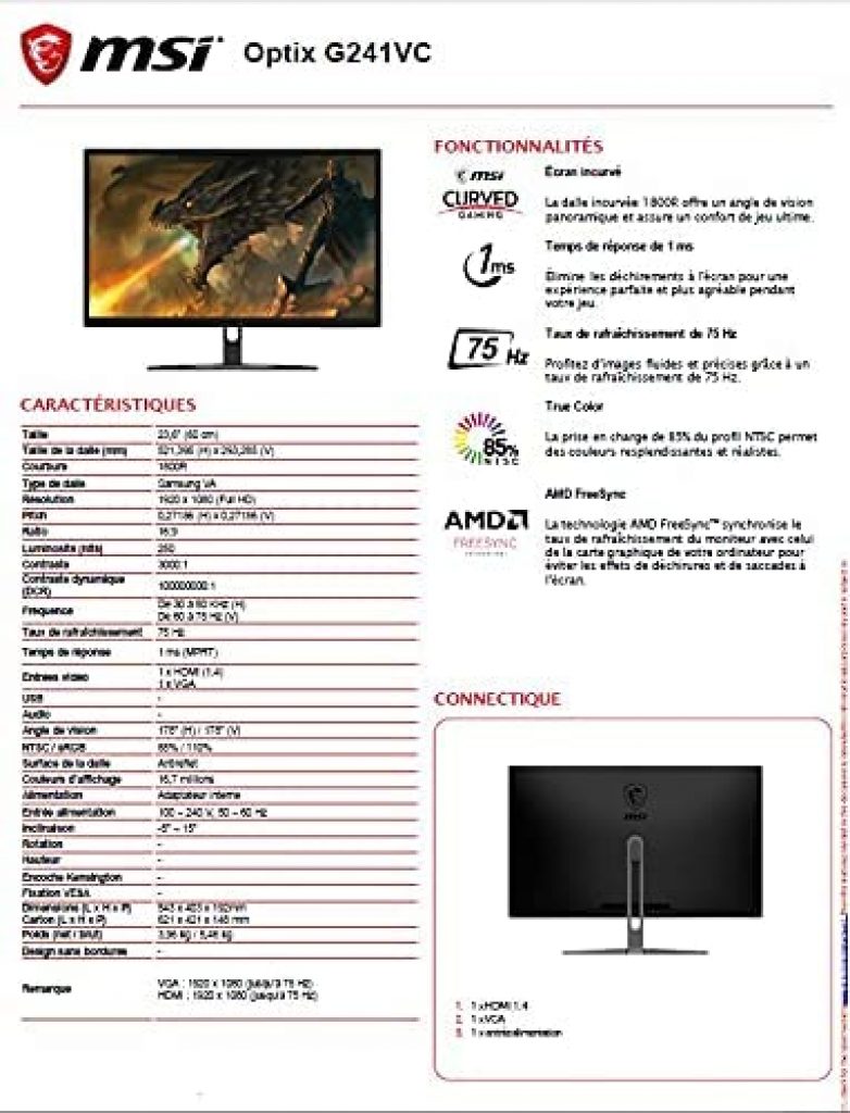 MSI Optix G241VC Monitor Gaming 24" Curvo Full HD