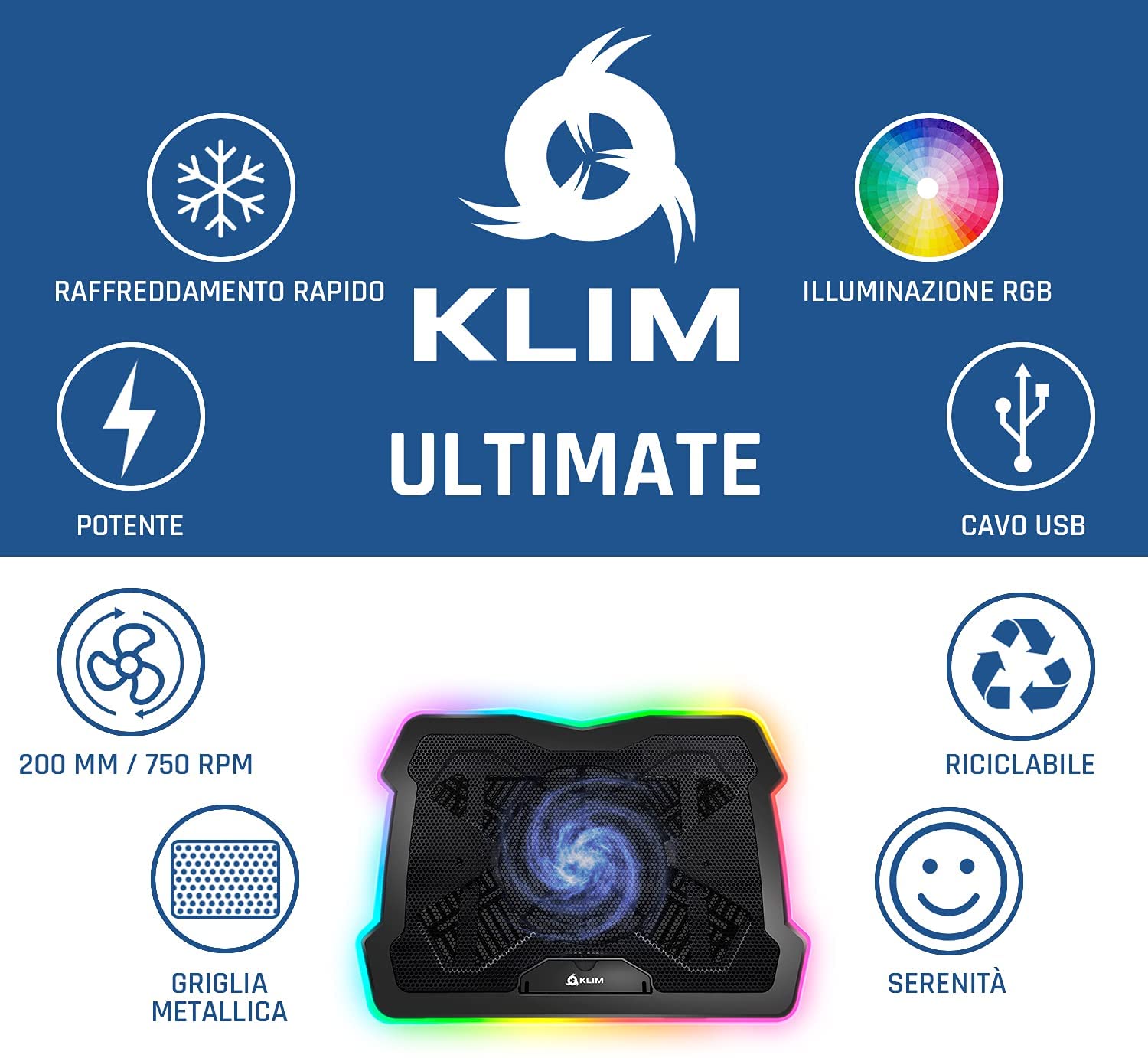 KLIM Ultimate+ Base raffreddamento RGB per portatili