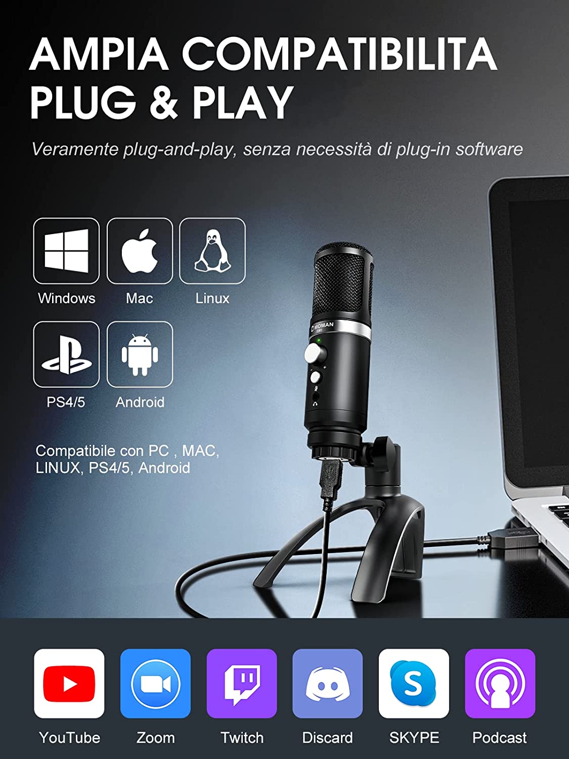 Microfono a Condensatore Plug & Play con Supporto