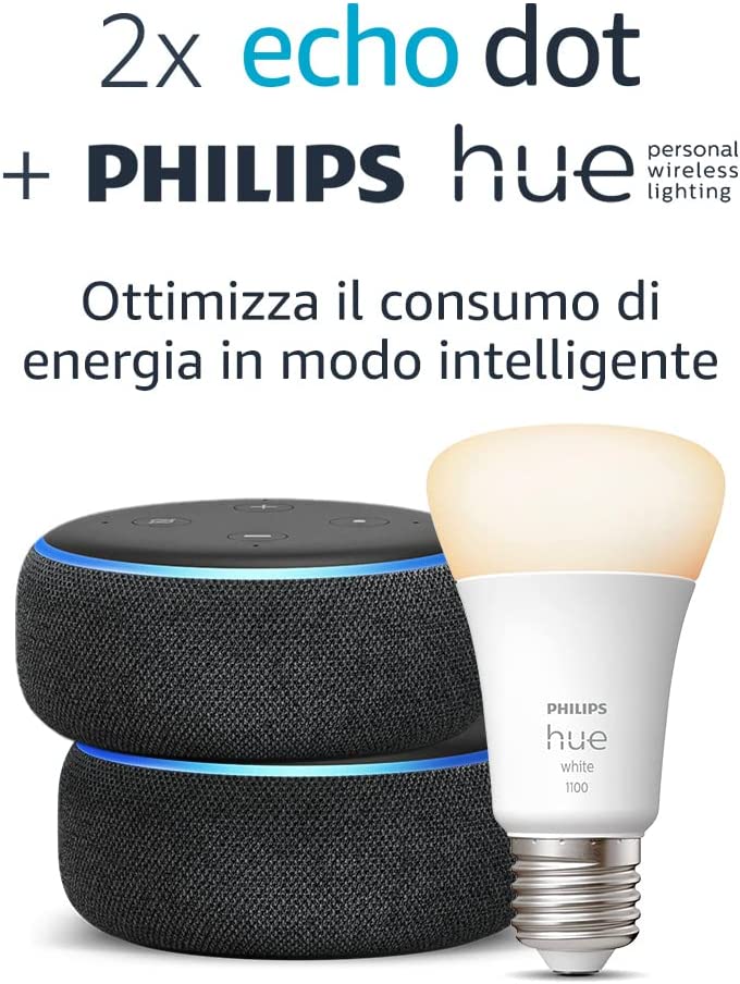 Kit Casa Intelligente: 2 Echo Dot + Philips Hue White Lampadina